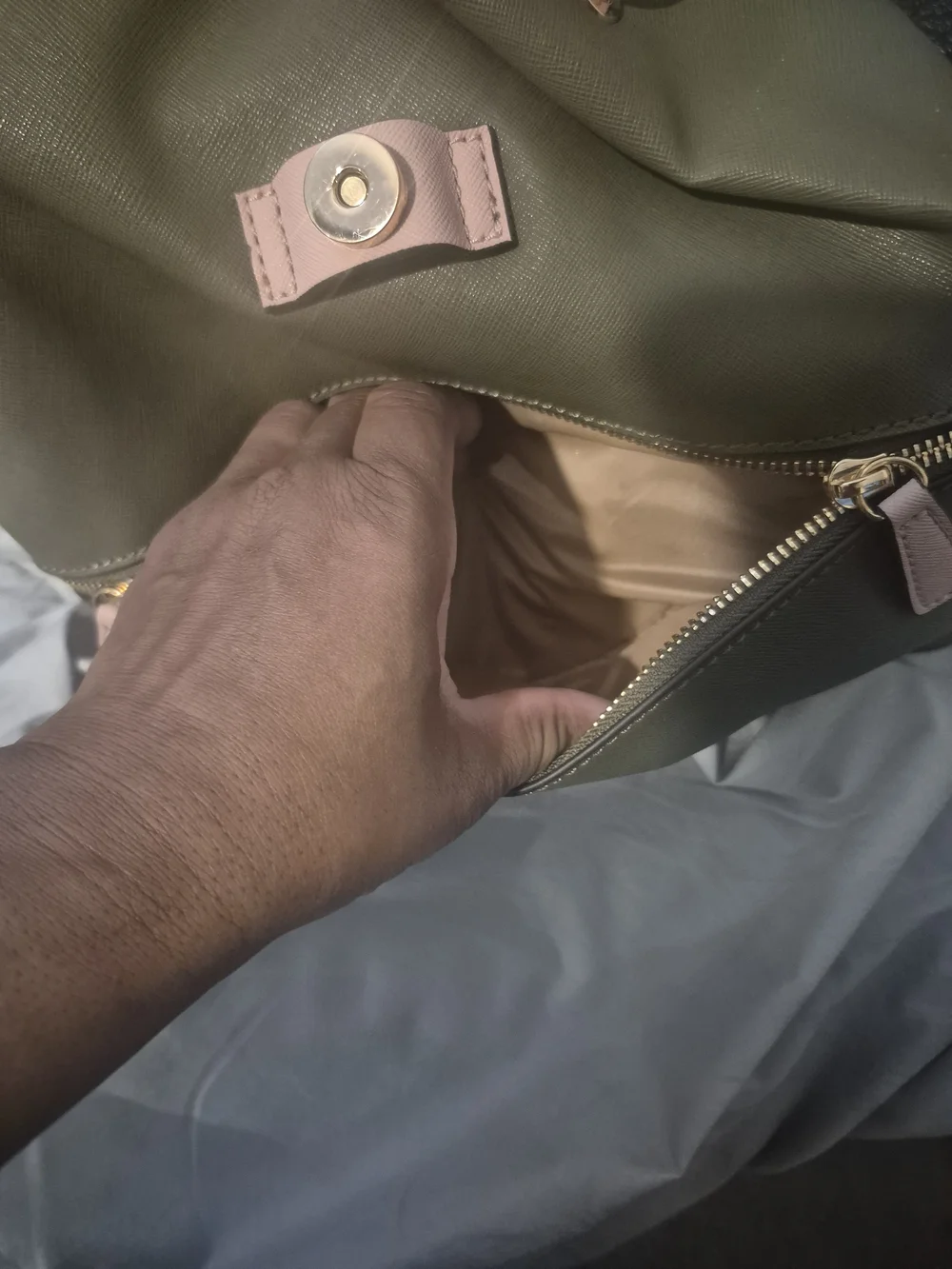 GUESS Olive Green and Light Pink Logo Flap Backpack